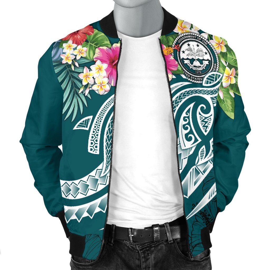 FSM Polynesian Men's Bomber Jacket - Summer Plumeria (Turquoise) - Polynesian Pride
