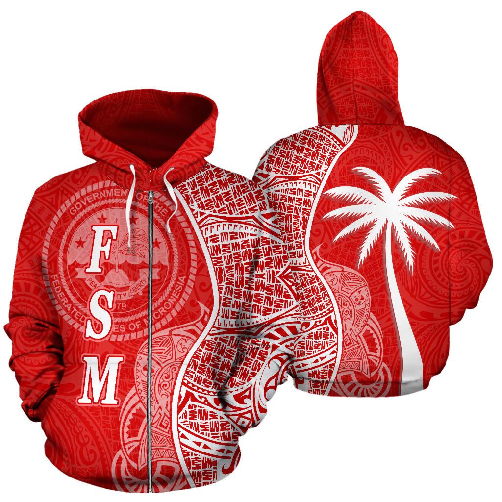 Federated States of Micronesian Polynesian Zip up Hoodie Coconut Tree Red and White Unisex Red - Polynesian Pride