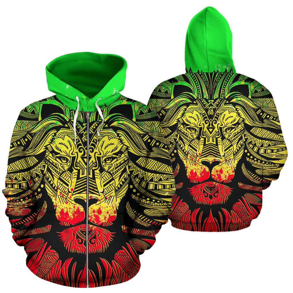 Lion Polynesian All Over Zip up Hoodie Reggae Style Unisex Reggae - Polynesian Pride