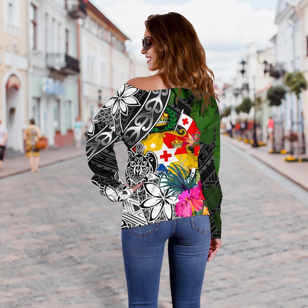 Tonga Off Shoulder Sweater - Turtle Plumeria Banana Leaf - Polynesian Pride