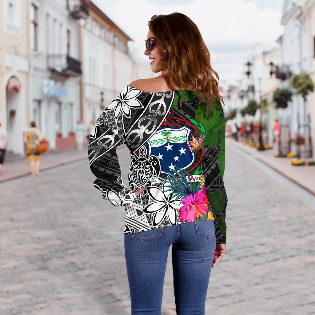 Samoa Off Shoulder Sweater - Turtle Plumeria Banana Leaf - Polynesian Pride