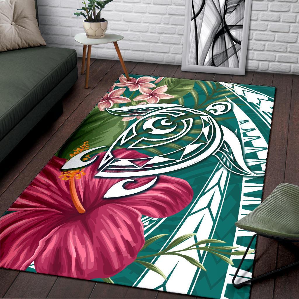 Hawaii Polynesian Turtle Tropical Hibiscus Plumeria Rug - Turquoise - Polynesian Pride