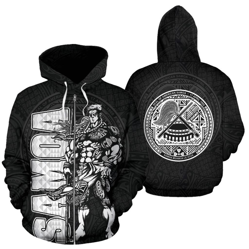 American Samoa Polynesian Zip up Hoodie Samoan Warrior Unisex Black - Polynesian Pride