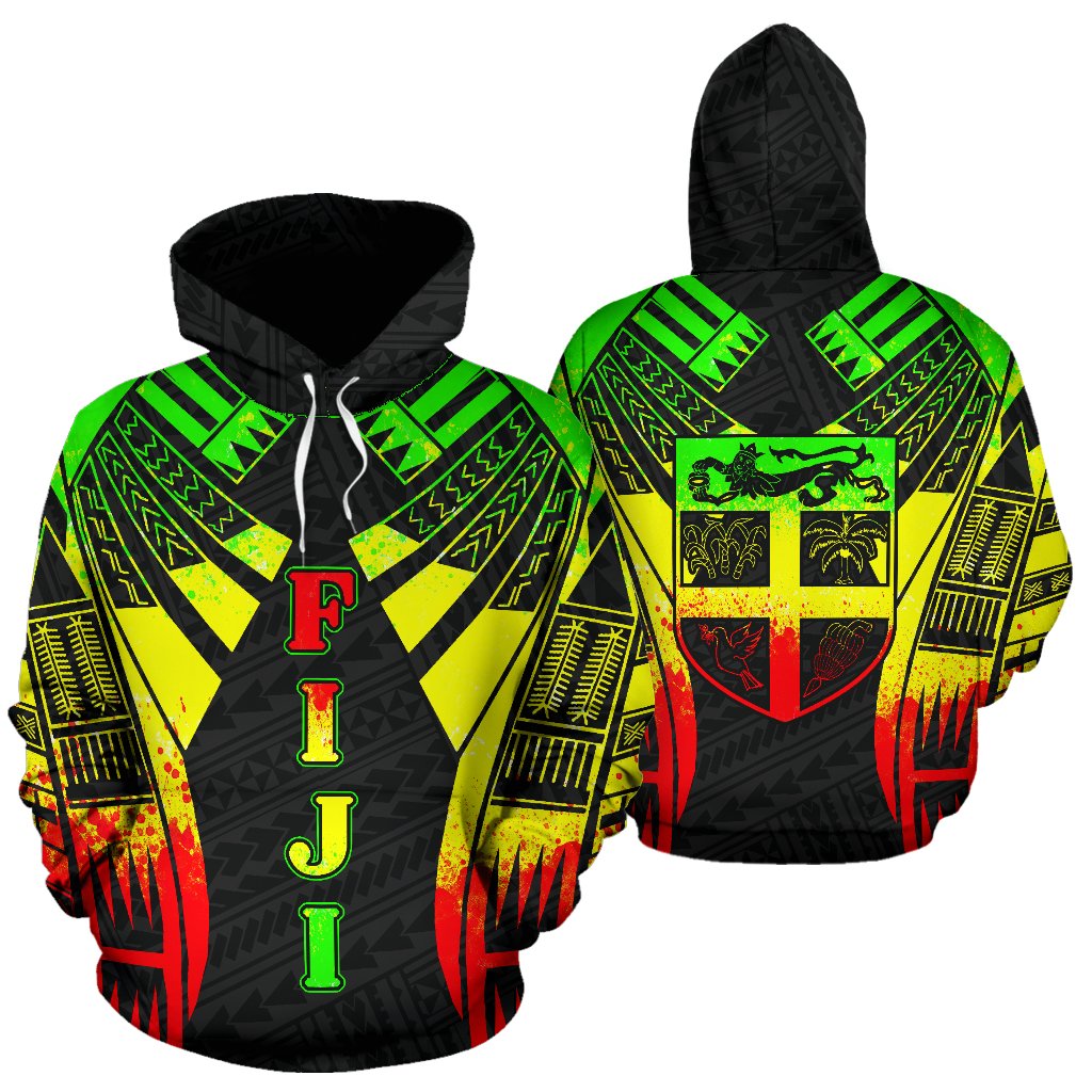 Fiji All Over Hoodie Reggae Color Tattoo Style Unisex Black - Polynesian Pride