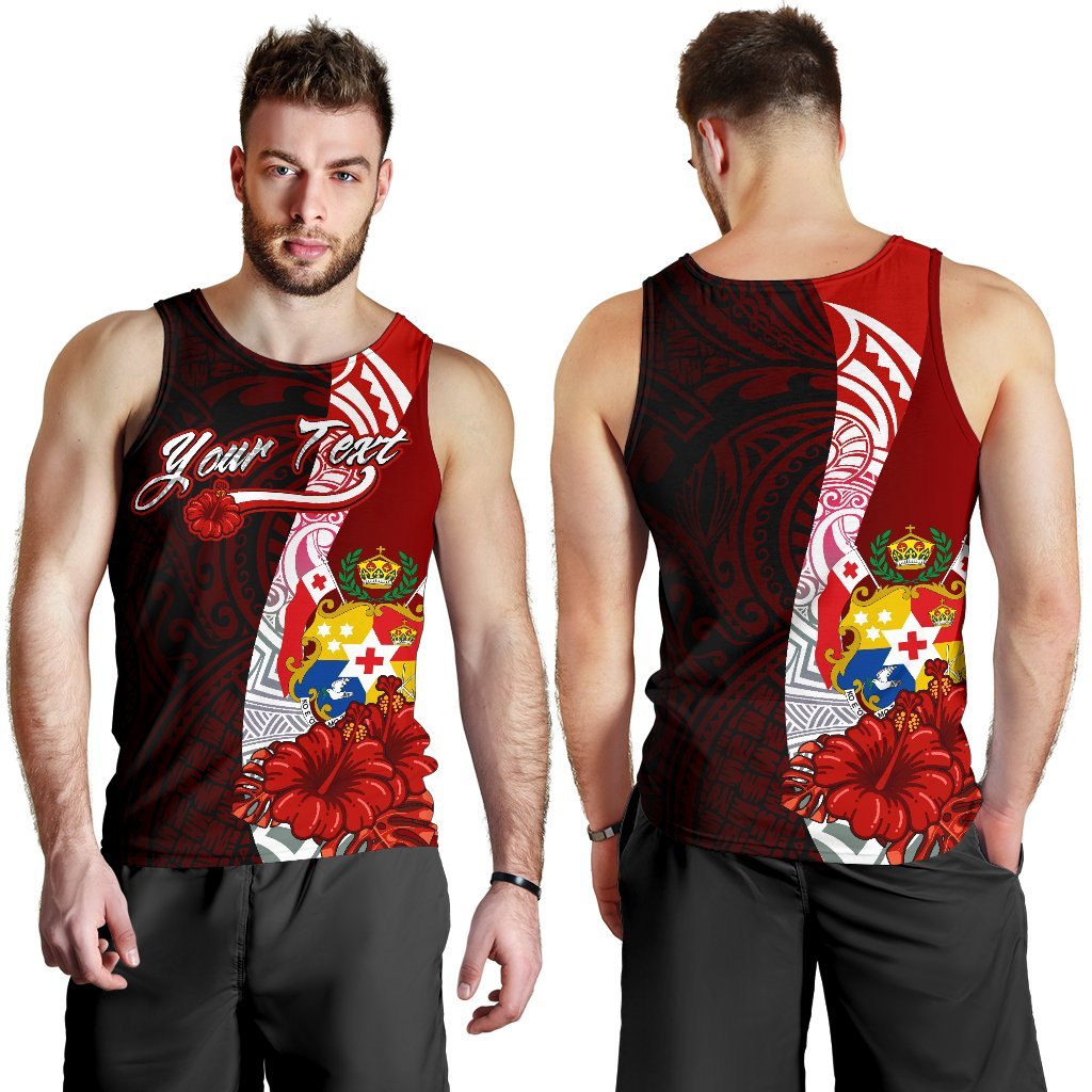 Tonga Polynesian Custom Personalised Men's Tank Top - Coat Of Arm With Hibiscus Red - Polynesian Pride