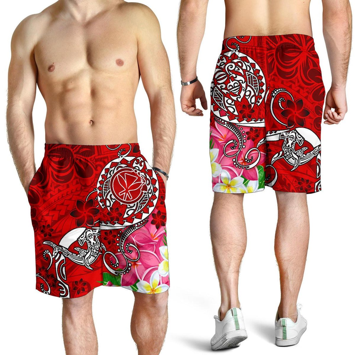 Hawaii Men's Shorts - Turtle Plumeria Polynesian Tattoo Red Color - Polynesian Pride