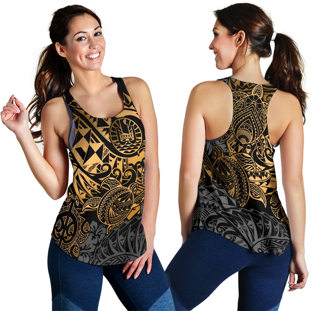 Tahiti Polynesian Women Racerback Tank - Gold Turtle Hibiscus Flowing - Polynesian Pride
