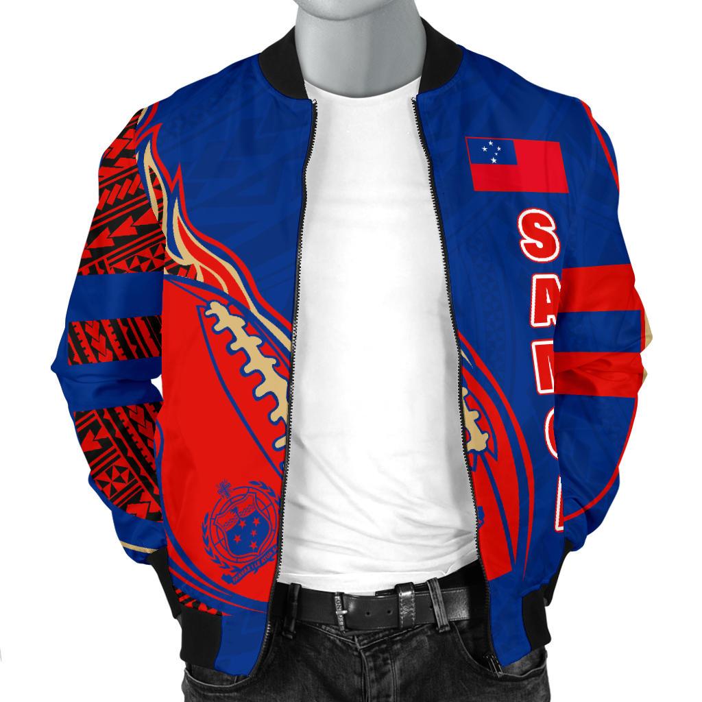 Samoa Men's Bomber Jacket - Rugby Ball Fire - Polynesian Pride