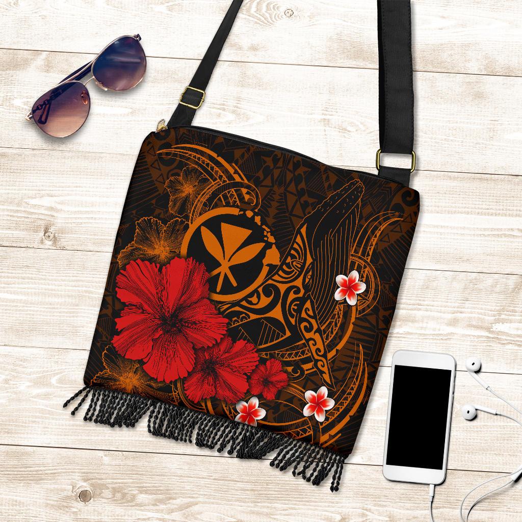 Polynesian Hawaii Kanaka Maoli Crossbody Boho Handbag - Humpback Whale with Hibiscus (Golden) One Style One Size Golden - Polynesian Pride