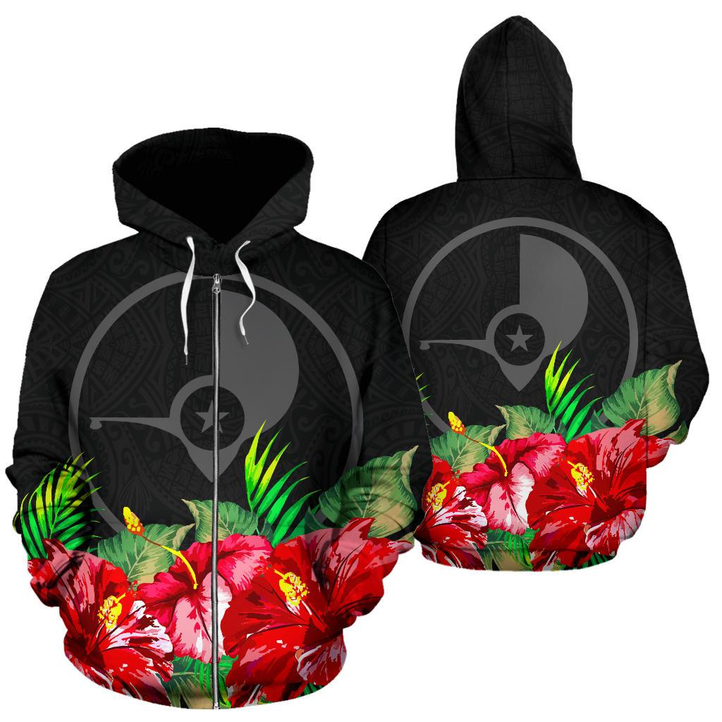 Yap Polynesian Zip Hoodie Black Hibiscus Unisex Black - Polynesian Pride