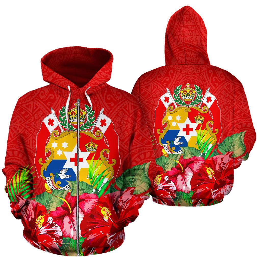 Tonga Polynesian Zip Hoodie Flag Hibiscus Unisex Red - Polynesian Pride