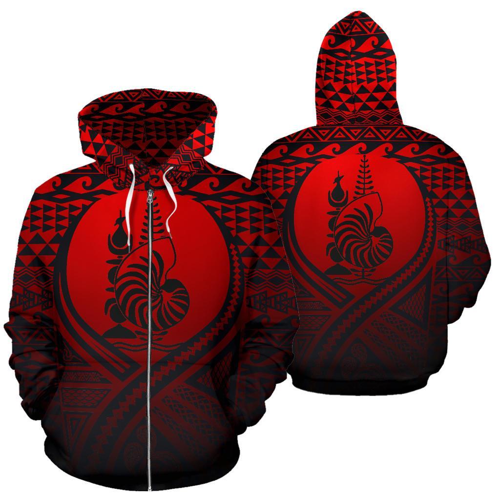 New Caledonia All Over Zip up Hoodie Lift up Red Unisex Red - Polynesian Pride