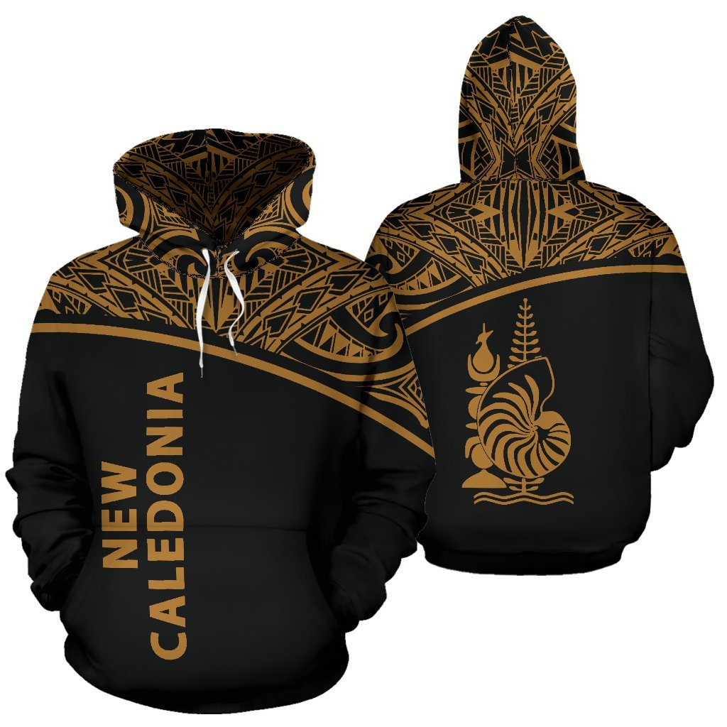 New Caledonia Polynesian All Over Hoodie Gold Curve Version Unisex Black - Gold - Polynesian Pride