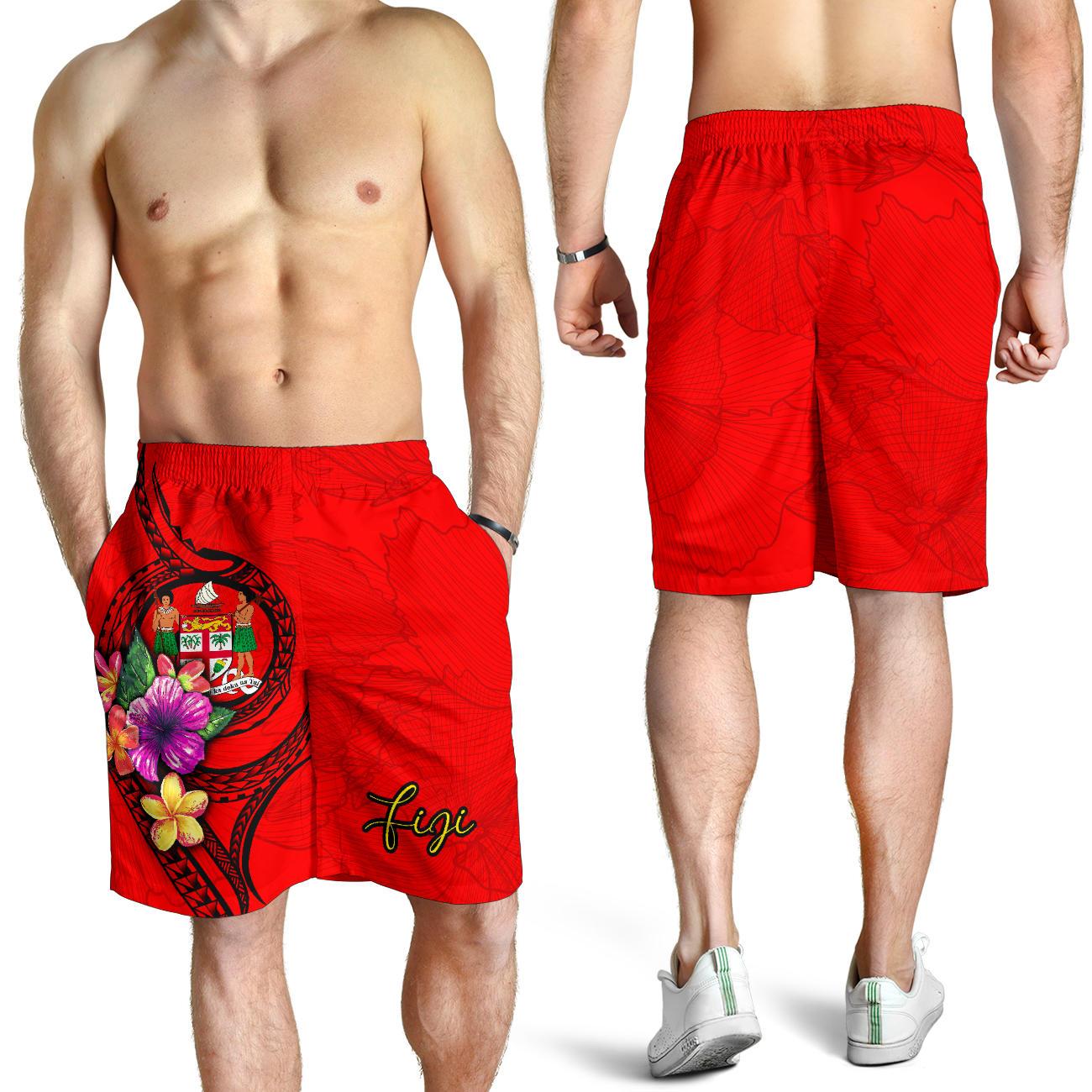 Fiji Polynesian Men's Shorts - Floral With Seal Red Red - Polynesian Pride