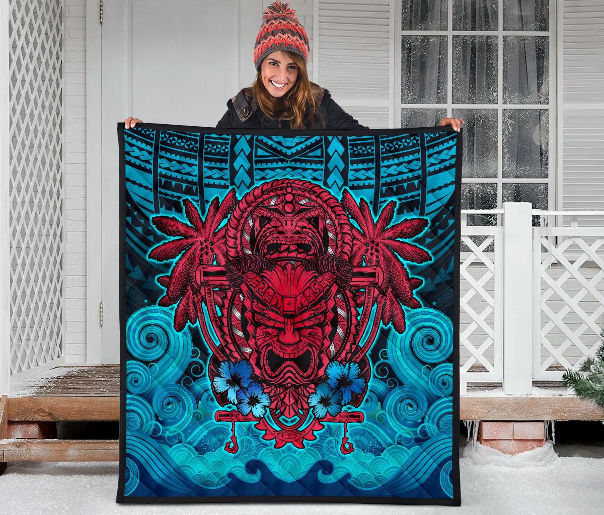 Hawaii Polynesian Premium Quilt - Hawaiian Red Tiki Face (Black Torquoise) - Polynesian Pride