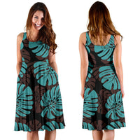 Polynesian Midi Dress - Blue Monstera Leave - Polynesian Pride