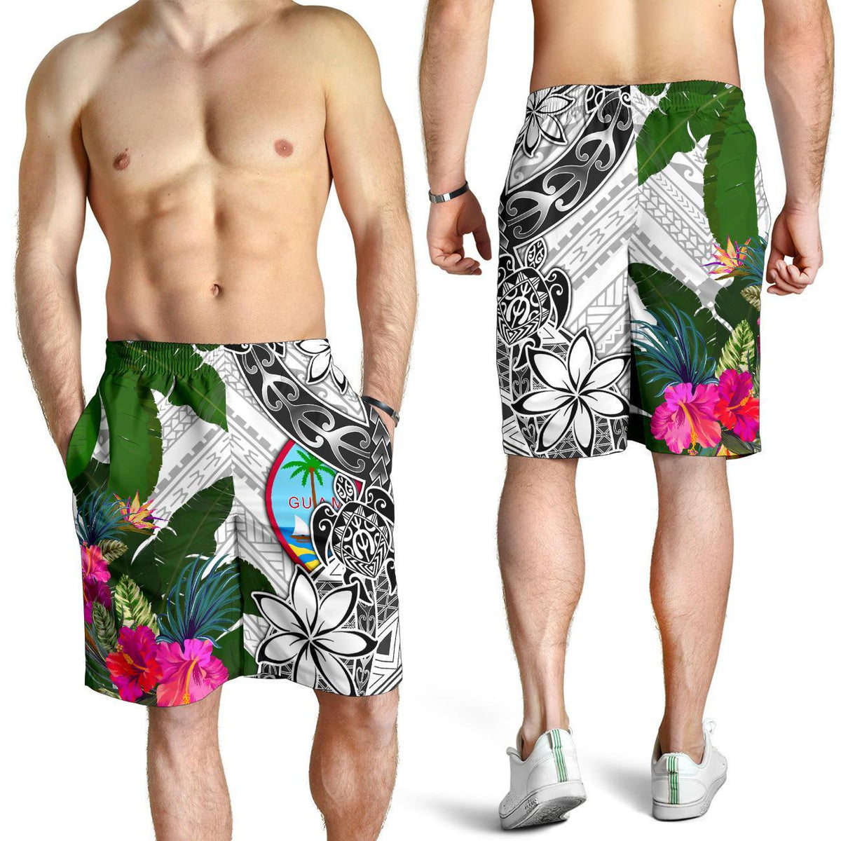 Guam Men's Short White - Turtle Plumeria Banana Leaf - Polynesian Pride