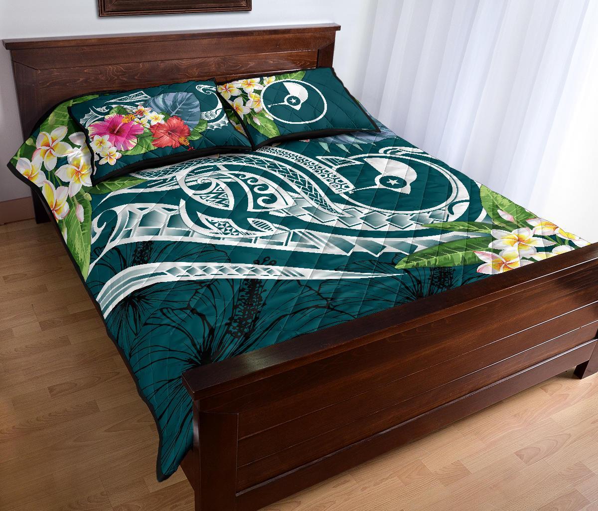 YAP Polynesian Quilt Bed Set - Summer Plumeria (Turquoise) - Polynesian Pride