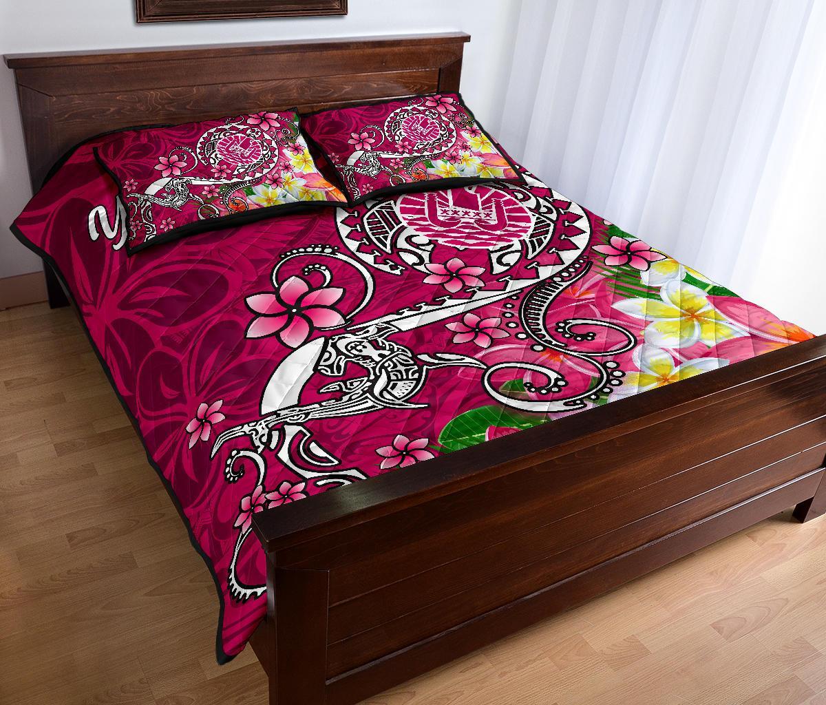 Tahiti Custom Personalised Quilt Bed Set - Turtle Plumeria (Pink) - Polynesian Pride