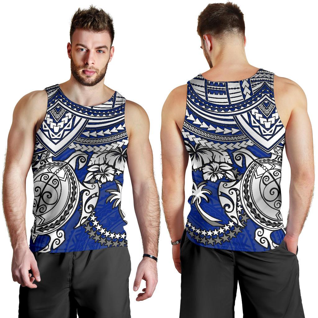 Chuuk Polynesian Men's Tank Top - White Turtle (Blue) - Polynesian Pride