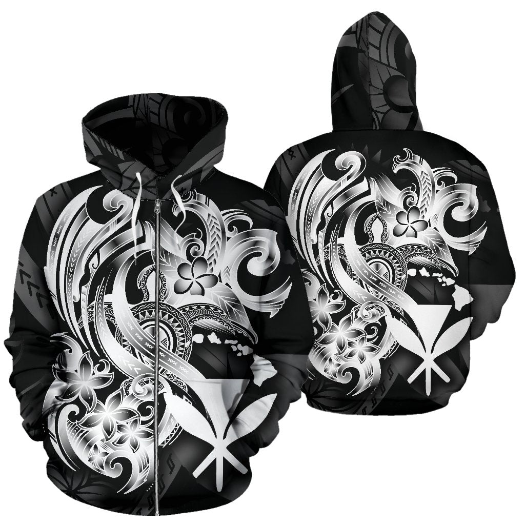 Polynesian Hawaii All Over Zip up Hoodie Kanaka Maoli White Turtle Unisex Black - White - Polynesian Pride