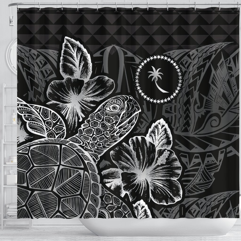 Chuuk Shower Curtain Turtle Hibiscus Black - Polynesian Pride