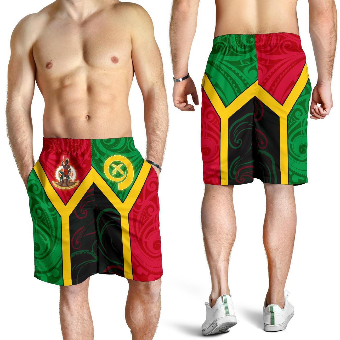 Vanuatu Polynesian Men's Shorts - Vanuatu Flag and Coat Of Arms Black - Polynesian Pride