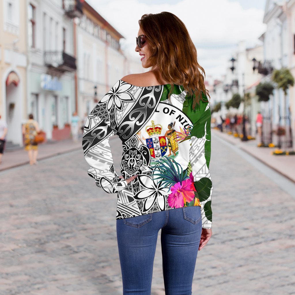 Niue Custom Personalised Women's Off Shoulder Sweater White - Turtle Plumeria Banana Leaf - Polynesian Pride