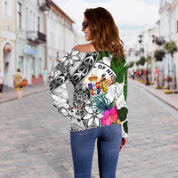 Niue Custom Personalised Women's Off Shoulder Sweater White - Turtle Plumeria Banana Leaf - Polynesian Pride