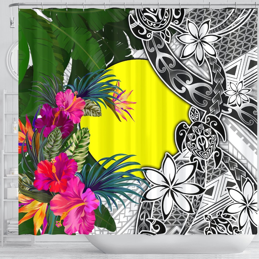 Palau Shower Curtain White - Turtle Plumeria Banana Leaf - Polynesian Pride