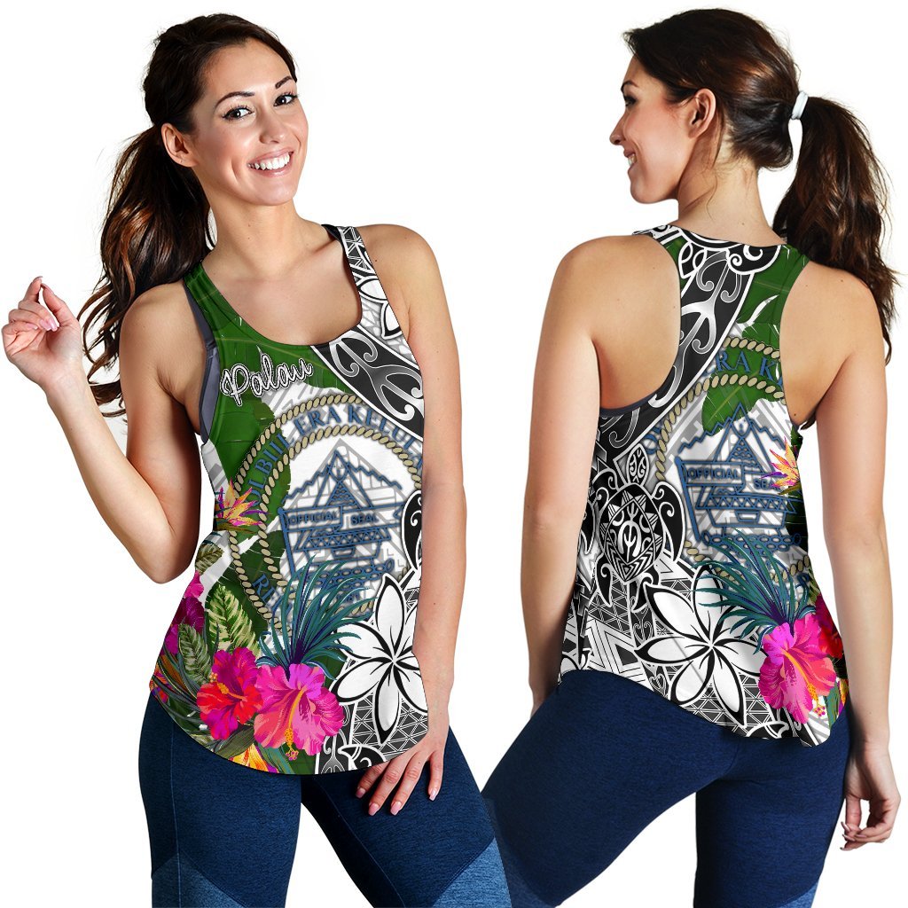 Palau Women's Racerback Tank White - Turtle Plumeria Banana Leaf Crest - Polynesian Pride