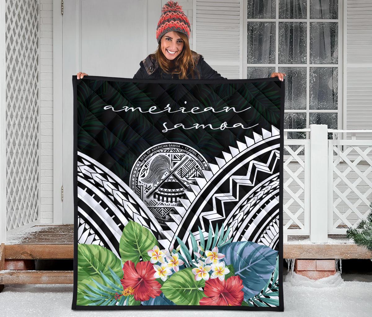 American Samoa Premium Quilt - American Samoa Coat of Arms & Polynesian Tropical Flowers White - Polynesian Pride