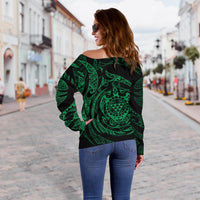 Polynesian Hawaii Women's Off Shoulder Sweater - Green Turtle Tribal - Polynesian Pride