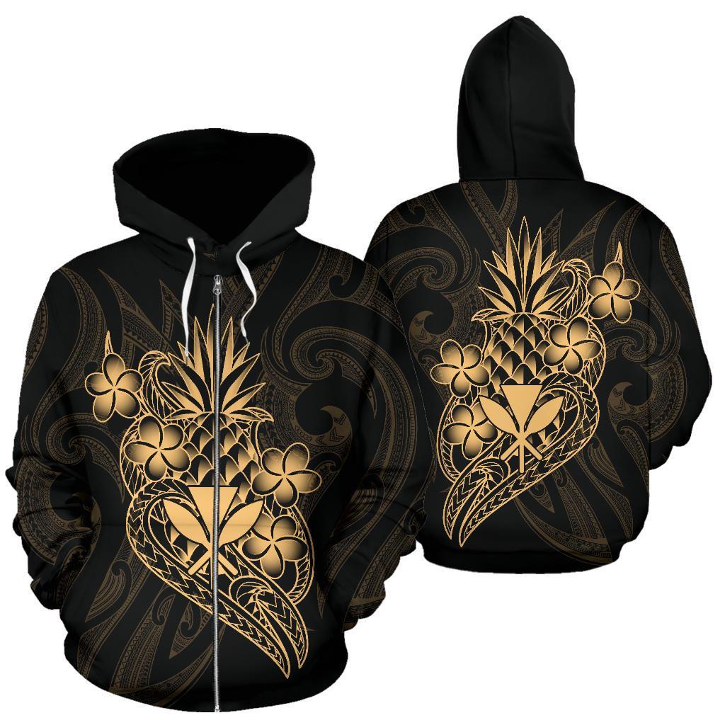 Polynesian Hawaii All Over Zip Hoodie Kanaka Maoli Gold Pineapple Unisex Black - Gold - Polynesian Pride