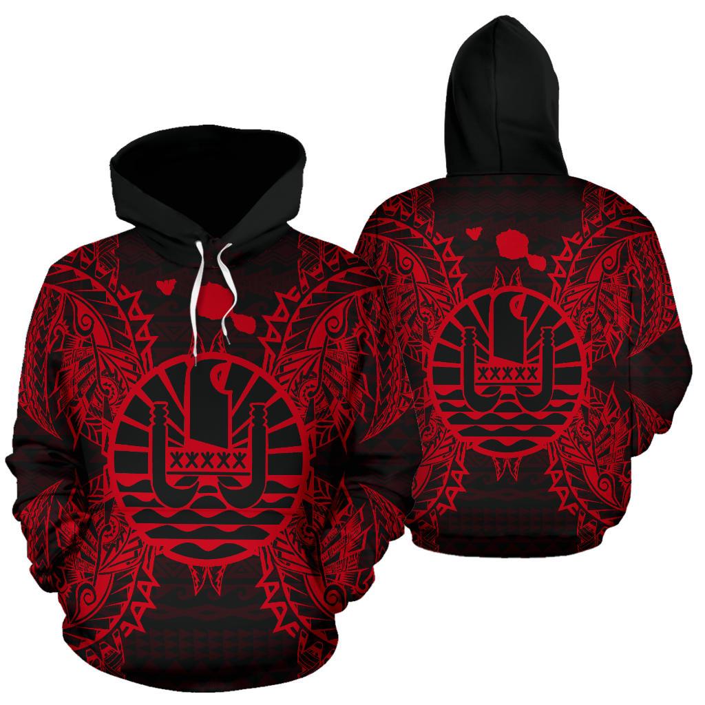 French Polynesia Polynesian ll Over Hoodie Map Red Unisex Red - Polynesian Pride