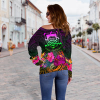 Tuvalu Women's Off Shoulder Sweater - Summer Hibiscus - Polynesian Pride