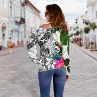New Caledonia Women's Off Shoulder Sweater White - Turtle Plumeria Banana Leaf Crest - Polynesian Pride