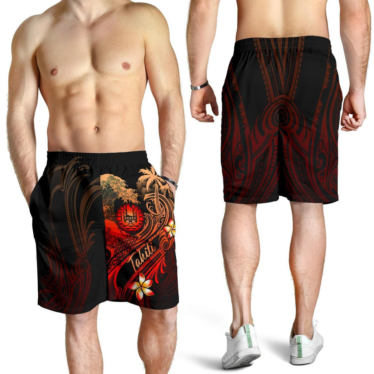 Tahiti Polynesian Men's Short - Plumeria Flowers And Waves - Polynesian Pride