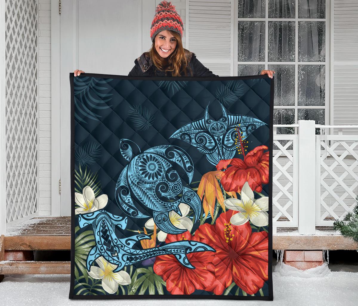 Hawaii Turtle Shark Manta Ray Hibiscus Plumeria Premium Quilt - Polynesian Pride