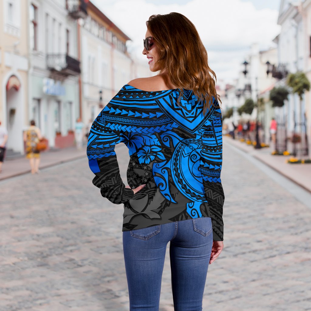 Pohnpei Polynesian Off Shoulder Sweater (Women) - Polynesian Blue Turtle - Polynesian Pride