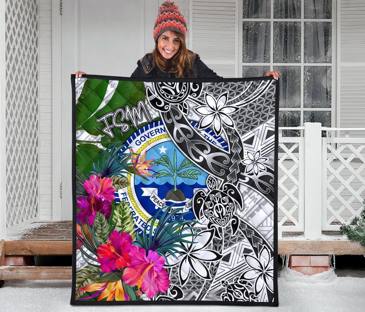 Federated States of Micronesia Premium Quilt White - Turtle Plumeria Banana Leaf - Polynesian Pride