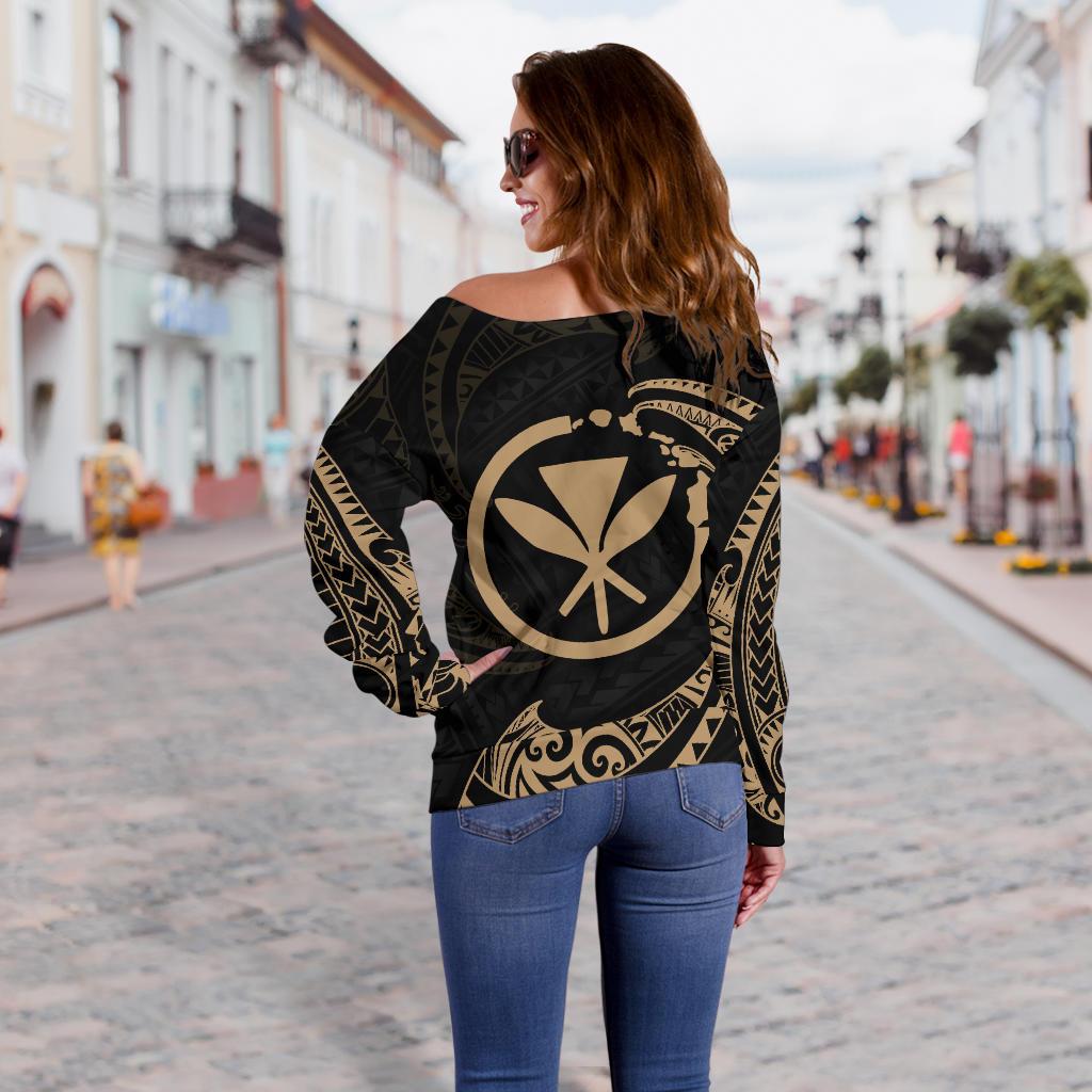Hawaii Polynesian Custom Personalised Women's Off Shoulder Sweater - Gold Tribal Wave - Polynesian Pride