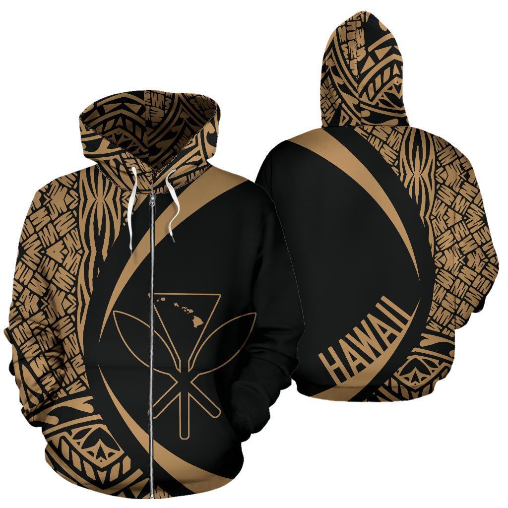 Polynesian Kanaka Maoli Map of Hawaii Zip Hoodie Gold Circle Style Unisex Gold - Polynesian Pride