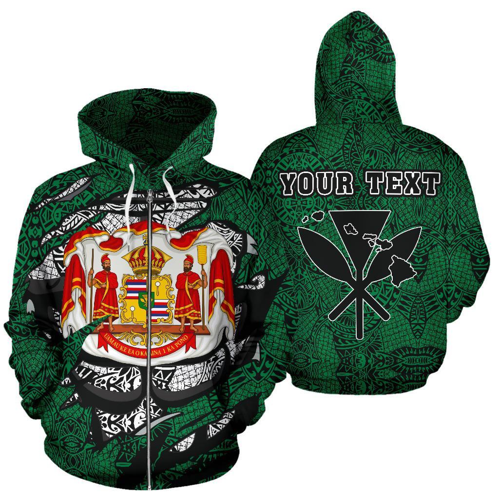 Polynesian Royal Coat of Arms Kanaka Map Hawaii Custom Zip Hoodie Green Unisex Green - Polynesian Pride