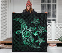 Kanaka Map Hibiscus Plumeria Turtle Art Turquoise Polynesian Premium Quilt - Polynesian Pride