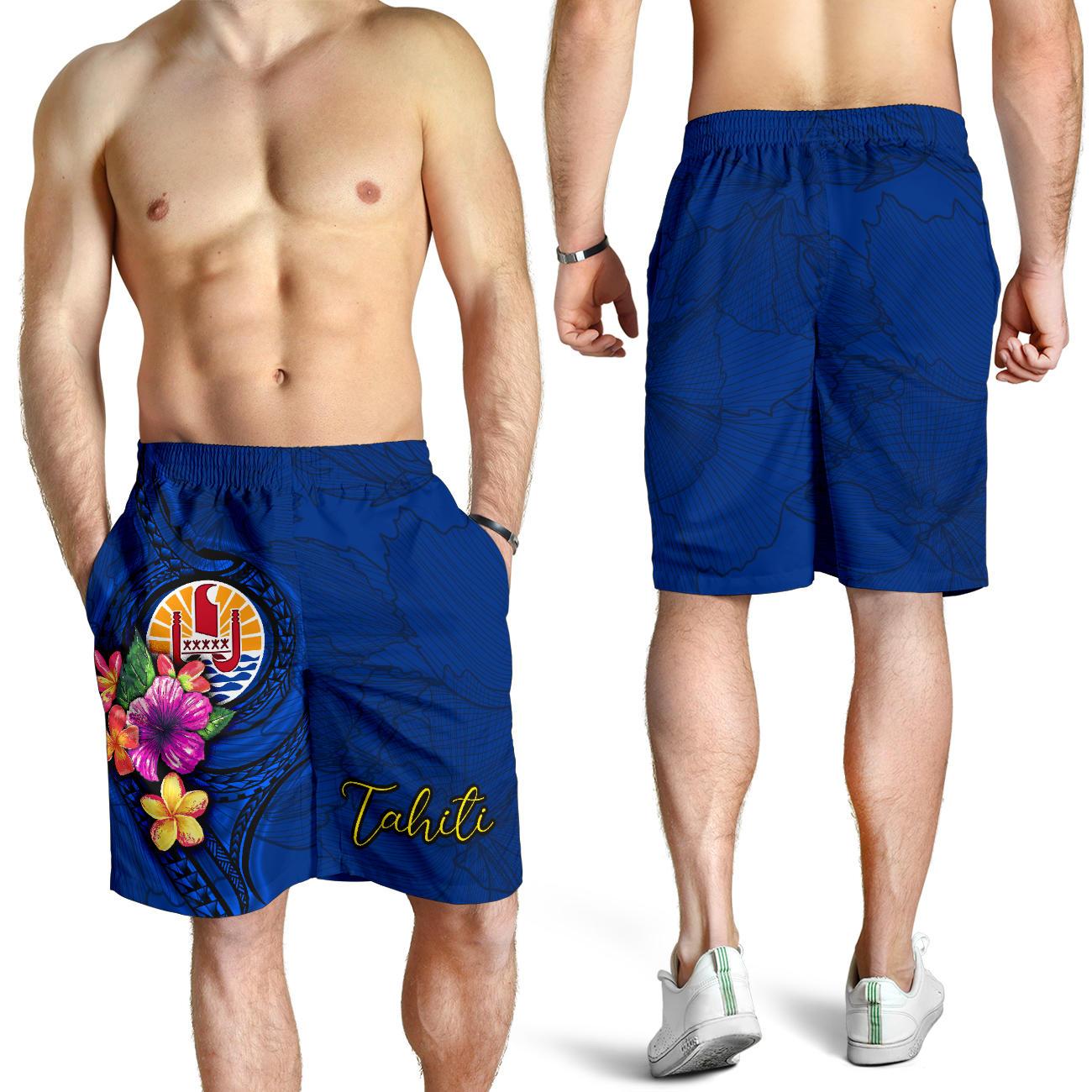 Tahiti Polynesian Men's Shorts - Floral With Seal Blue Blue - Polynesian Pride