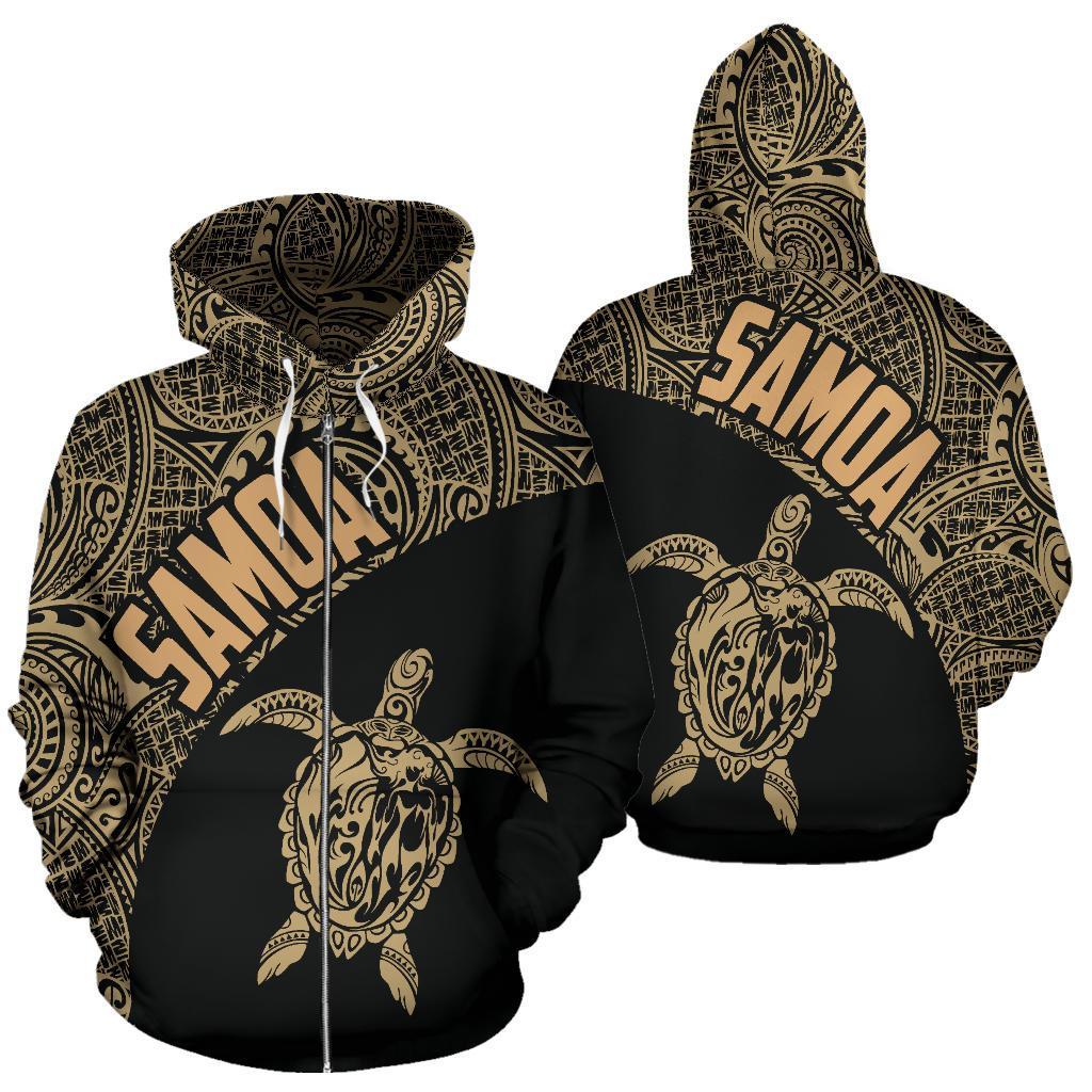 Samoa Zip up Hoodie Samoa Turtle Mermaid Polynesian Tattoo Gold Unisex Black - Polynesian Pride