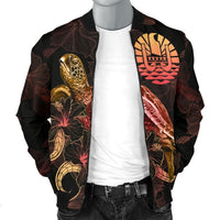 Tahiti Polynesian Men's Bomber Jacket - Turtle With Blooming Hibiscus Gold - Polynesian Pride