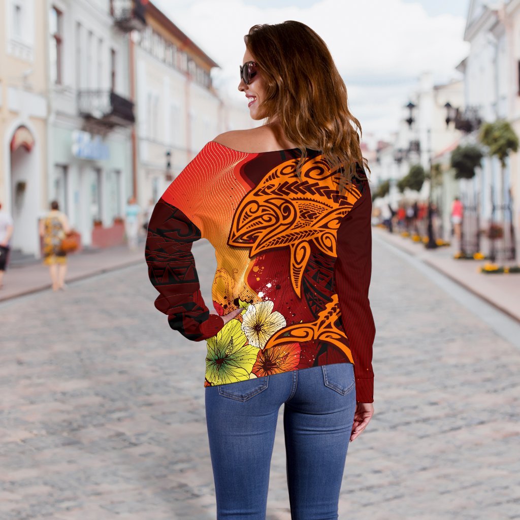 Samoa Women's Off Shoulder Sweater - Tribal Tuna Fish - Polynesian Pride