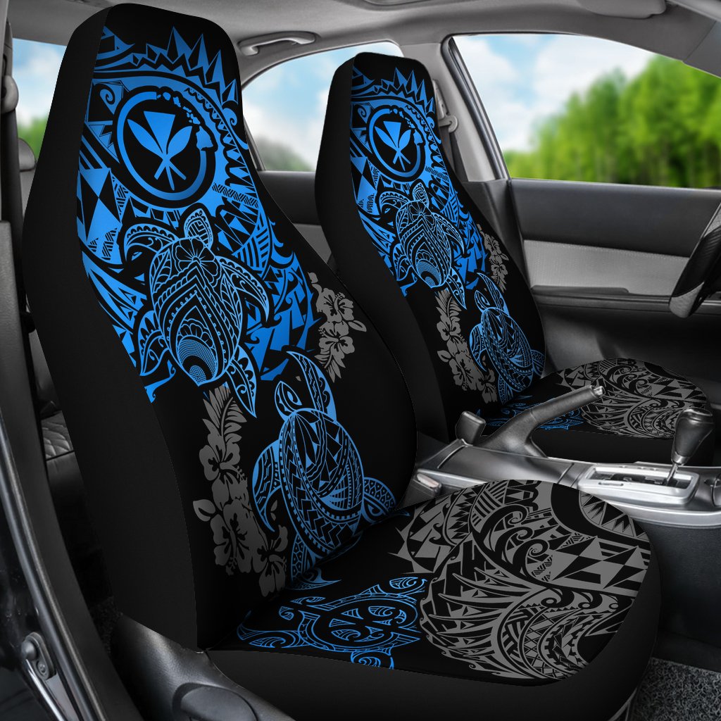 Hawaii Polynesian Seat Covers - Blue Kanaka Maoli Turtle Tattoo Gray Hibiscus Turtle Flowing - Polynesian Pride